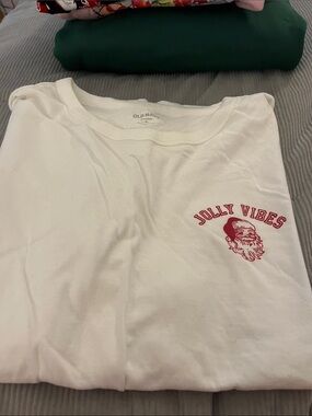 Old Navy White Tee with Red 'Jolly Vibes' Graphic